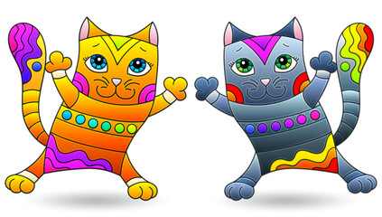 A set of illustrations in the style of stained glass with cute cats, animals isolated on a white background