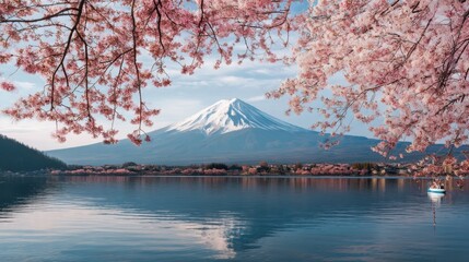 Mount Fuji, Japan with Cherry Blossoms and Lake Kawaguchiko. Scenic Landscape Photography.
