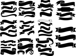Collection of black ribbon banners for design elements.