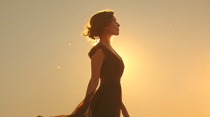 Woman in dress, sunset silhouette