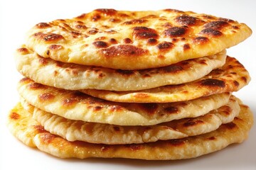 Stack of Freshly Baked Naan Bread on White Background