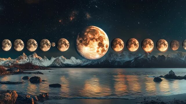 Series of moon images are shown in a row. The first moon is in the middle of the row and the last moon is on the far right