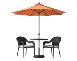 Elegant outdoor garden furniture set featuring a round table with a parasol and two wicker chairs creating a cozy setting for relaxation and outdoor gatherings