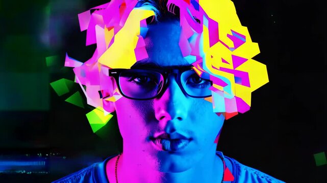 Neon shards ripple across calm face, shifting blocks reshape glitch portrait outline, subtle motion hints tech age while bright glitch portrait colors craft bold glitch portrait art. Concept digital