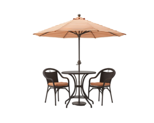 Elegant Outdoor Dining Set with Striped Parasol, A Garden Table and Chairs Perfect for Relaxing and Enjoying Meals in a Tranquil Outdoor Setting