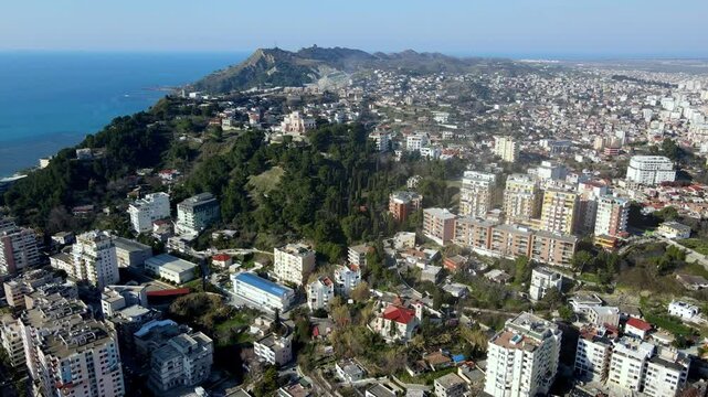 Aerial drone video showcasing the historic King Zog&rsquo;s villa overlooking the coastal city of Durr&euml;s, Albania.