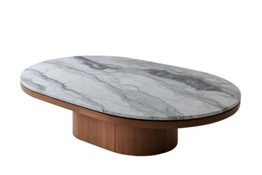 Elegant oval coffee table featuring a luxurious marble top and a wooden base, perfect for adding a touch of sophistication to any living space or interior design project