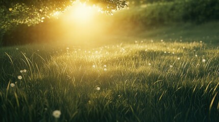 Golden sunlight filters through trees onto a grassy meadow dotted with wildflowers