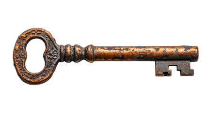 Intricate antique key on clear background