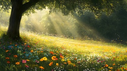 Fototapeta premium A sunlit meadow adorned with vibrant wildflowers gently swaying in the spring breeze, showcasing nature's beauty and tranquility.