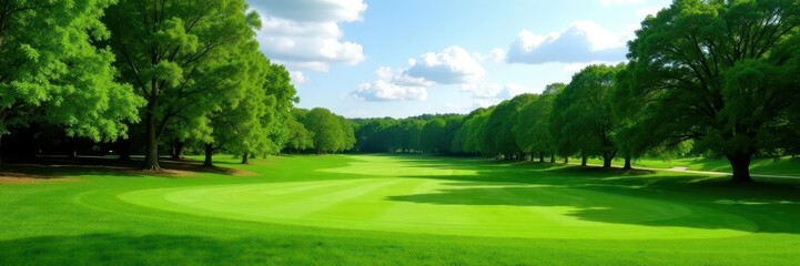 Obraz premium Lush green golf course fairway, trees in background, course, healthy, scenic