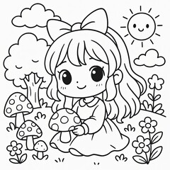 Cute Cartoon Girl with Mushrooms in a Sunny Forest