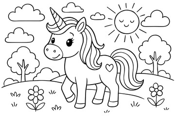 Fototapeta premium Cute Cartoon Unicorn in a Sunny Meadow