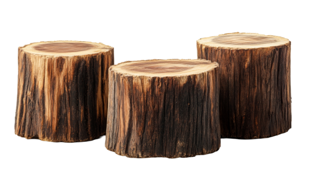 Three rustic wooden tree stumps are displayed