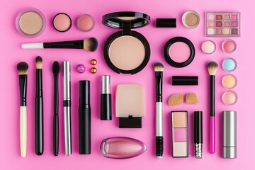 Top view of assorted professional makeup products and brushes arranged on a pink background for beauty concept