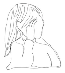 Sketch problem concept minimal woman emotion stress headache drawing line art. Female unhappy depress hand drawn continuous line concept with white isolated background. Abstract,vector,illustration.