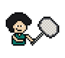 Fototapeta premium Cute cartoon pixel character cute man exercise training play badminton tennis lifestyle decoration life style 8 bit male boy game badminton 8bit fitness isolated PNG vector.