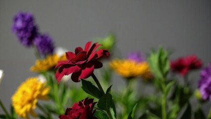 Close view of cheerful mix of bright garden flowers: yellow, red, purple daisies/zinnias. Represents joy, celebration, spring/summer abundance, gifting. Event graphics use.