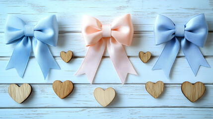 Three bows two are blue and one is pink with six wooden hearts on a white wooden surface