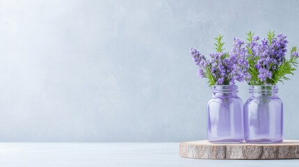 Obraz premium Purple lavender flowers in small glass jars on a wooden slice against a light blue background.