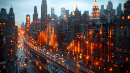 Obraz premium Cityscape with glowing bars overlaying traffic and buildings showcasing an urban digital concept
