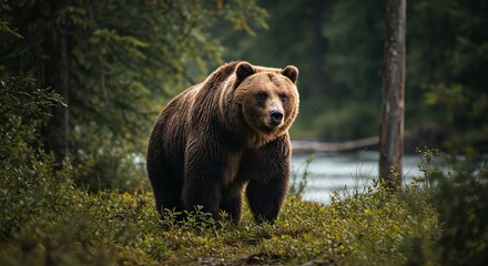 Fototapeta premium Brown Bear Standing Alert in Lush Forest Environment