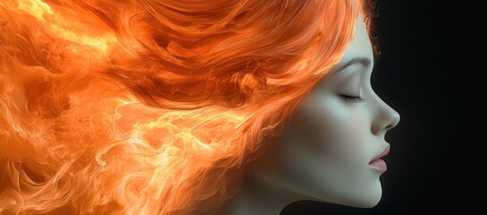 Woman's fiery orange hair flowing, eyes closed, profile view against black background.