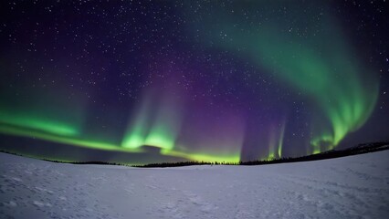 Wide Green Aurora Borealis Arch Over Snowy Landscape Starry Night Sky Arctic Circle Celestial Phenomenon Vastness Solitude Wonder