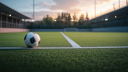 A close-up view of a classic black and white soccer ball on a vibrant green pitch during sunset.