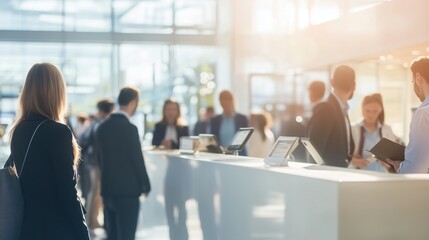 Business professionals register for an event at a busy convention center with a vibrant atmosphere and engaged attendees