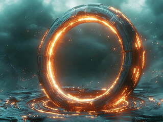 Metallic circle glows with orange energy standing on textured terrain amidst a cloudy teal-colored sky