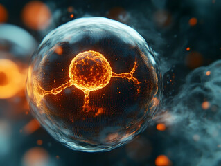 Naklejka premium Microscopic depiction of a cell with glowing interior and smoke on dark background