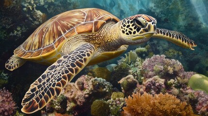 Fototapeta premium Graceful Sea Turtle Amidst Vibrant Coral Reef