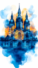 Ornate cathedral drawing in blue and orange with three towers and cross on top Watercolor style effect