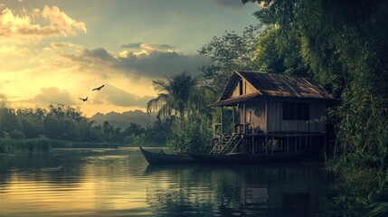 Fototapeta premium Rustic riverside cabin at sunset