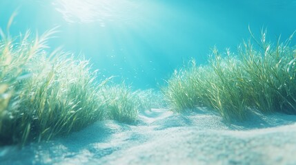 Naklejka premium Tranquil turquoise seascape with swaying grasses