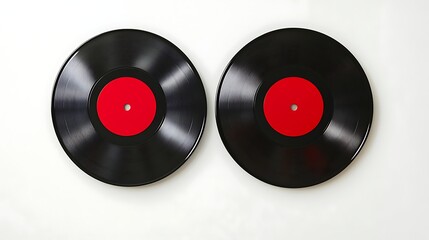 Two black vinyl records with red labels on white background