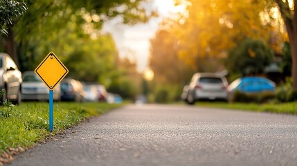 Suburban street view with sign Cars parked under trees, sun shines through leaves
