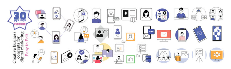 Digital Communication Icons: Vector Set for Social Media, Messaging & Online Networking, Icon set of communication concept in a variety of digital and social interactions. This set includes scenes