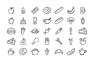 Food icon set in outline style healthy and unhealthy food options