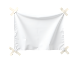 Elegant White Fabric Banner Displayed with Adhesive Tape Accents Against a Seamless Backdrop, Ideal for Mockups and Graphic Design Projects