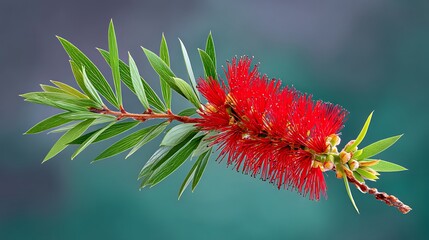Close-up of vibrant red bottle brush flower and green leaves against blurred background