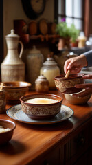 Side view of serving arroz doce into a small bowl, warm kitchen lighting and traditional Portuguese atmosphere