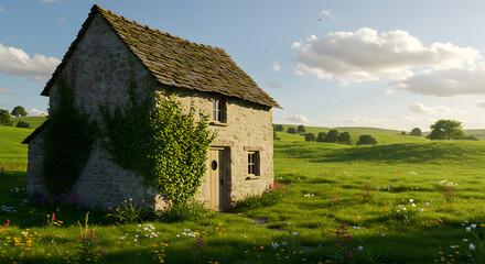 Fototapeta premium Picturesque Stone Cottage Amidst Rolling Green Hills Under Summer Sky