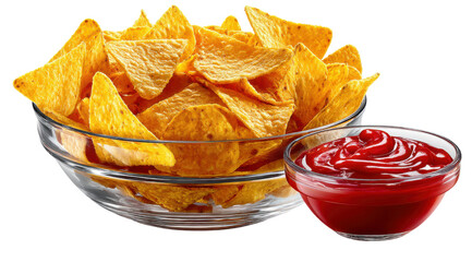 Golden Nacho Extravaganza: A tantalizing bowl of golden, crispy tortilla chips alongside a vibrant red dipping sauce, inviting a moment of indulgence and flavor.