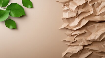 Exploration of beige recycled paperboard texture alongside fresh green leaves in an eco-friendly setting