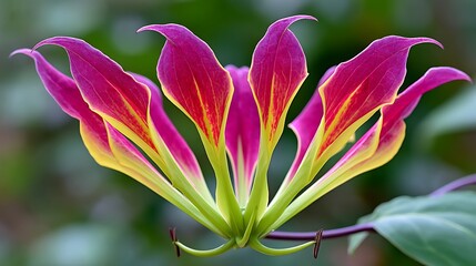 Fototapeta premium Vivid, striking flower. Vibrant petals in magenta, yellow. Unique, elegant, nature's artwork. Close-up, detail view