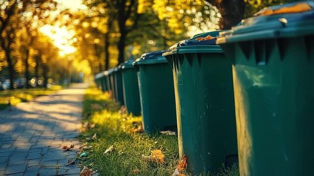 Row of green trash cans are lined up on a sidewalk. The sun is shining on the trash cans