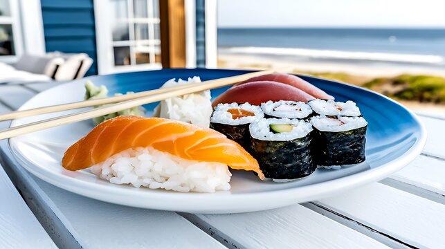 Sushi plate at outdoor dining overlooking ocean