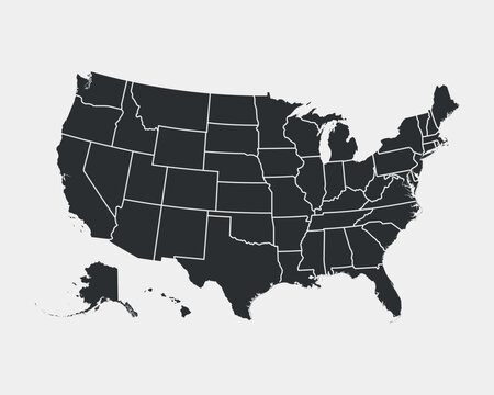 Map of the United States with separated states black and white vector illustration.